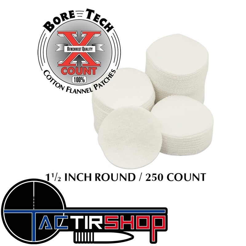 250 Patchs ronds Bore Tech 1 1/2" Calibre .25 Cal., 6.5 mm, .270 Cal., .284 Cal., 7 mm, .357 Cal., .38 Cal., 9 mm sur Tactirshop