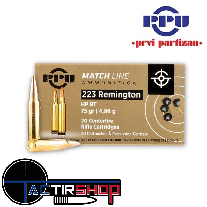 Munition PARTIZAN PPU Cal .223 Remington 75-Grs HPBT Match boite de 20 www.tactirshop.fr