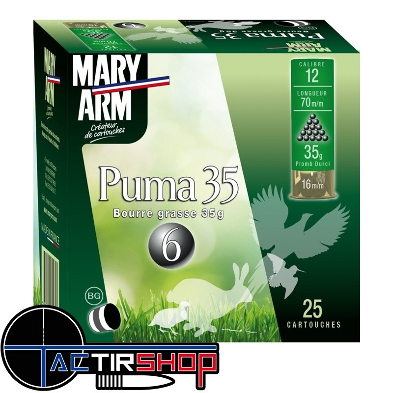Cartouches MARY ARM PUMA 35 Calibre 12/70 35grs bourre grasse www.tactirshop.fr