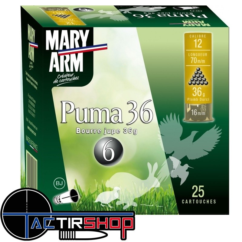 Cartouches MARY ARM PUMA 36 Calibre 12/70 36grs bourre à jupe www.tactirshop.fr